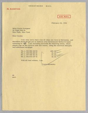 [Letter from Blackshear, A. H., Jr.  to Cecile Blum Kempner, February 22, 1956]