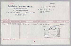 [Invoice for Insurance for Miss Cecile Kempner, July 1957]
