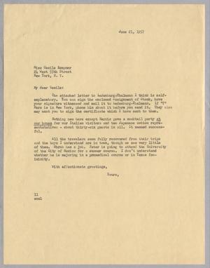 [Letter from Isaac H. Kempner to Cecile B. Kempner, June 21, 1957]