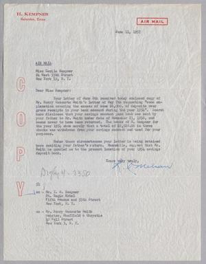 [Letter from Ray I Mehan to Cecile Blum Kempner, June 11, 1957]