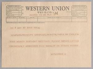 [Telegram from I. H. Kempner and Henrietta Leonora to Cecile Kempner, May 12, 1959]
