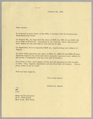 [Letter from Arthur M. Alpert to Cecile B. Kempner, October 22, 1963]