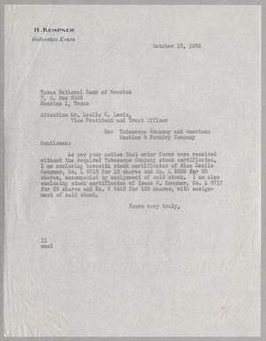 [Memorandum from Isaac H. Kempner to Texas National Bank of Houston , October 16, 1963]