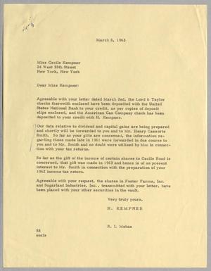 [Letter from Ray I. Mehan to Cecile B. Kempner, March 8, 1963]