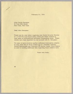 [Letter from Ray I. Mehan to Cecile B. Kempner, February 21, 1963]