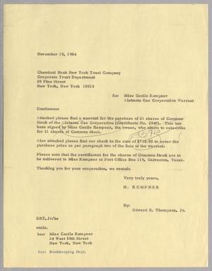 [Letter from Edward Randall Thompson, Jr. to Chemical Bank New York Trust Company, November 19, 1964]