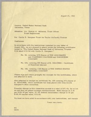 [Letter from T. E. Taylor to United States National Bank, August 27, 1964]