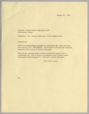 [Memorandum from T. E.,Taylor to United States National Bank, August 27, 1964]