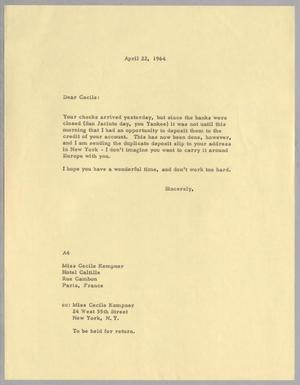 [Letter from Arthur M. Alpert to Cecile B. Kempner, April 22, 1964]