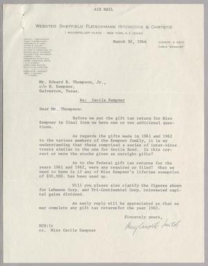Primary view of object titled '[Letter from Webster Sheffield Fleischmann Hitchcock & Chrystie to Edward R. Thompson, Jr., March 30, 1964]'.