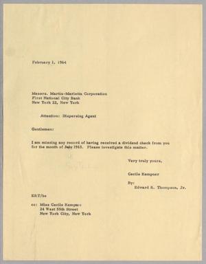 [Letter from Edward R. Thompson, Jr., to Messrs. Martin-Marietta Corporation, February 1, 1964]
