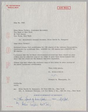 [Letter from H. Kempner to Bank of New York, May 26, 1965]