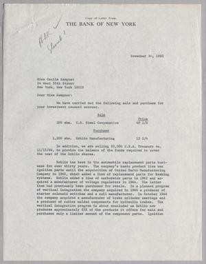 [Letter from Bank of New York to Cecile Kempner, November 30, 1965]