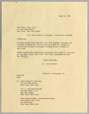[Letter from H. Kempner to Bank of New York, June 10, 1965]