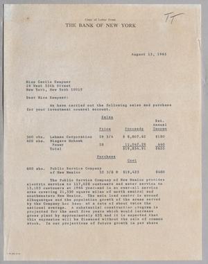 [Letter from Bank of New York to Cecile Kempner, August 13, 1965]