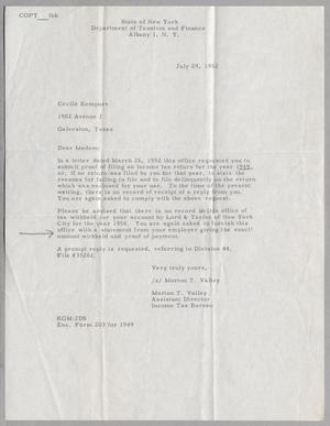 [Letter from Morton T. Valley to Cecile Kempner, July 29, 1952]