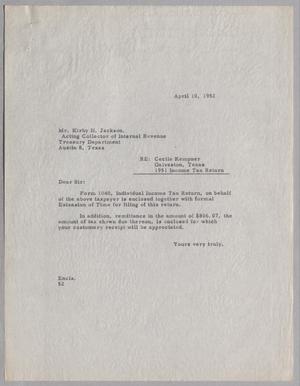 [Letter from Daniel W. Kempner to Kirby H. Jackson, April 10, 1952]