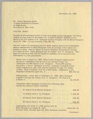 Primary view of object titled '[Letter from Ray I. Mehan to Henry Cassorte Smith, November 29, 1960]'.