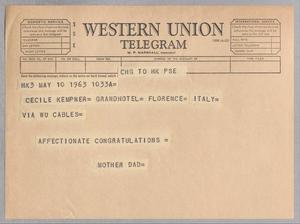 [Telegram from I. H. Kempner and Henrietta Leonora to Cecile Kempner, May 12, 1959]