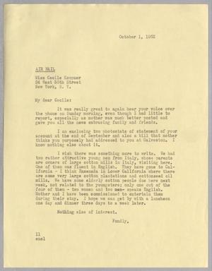[Letter from Isaac H. Kempner to Cecile B. Kempner, October 1, 1962]