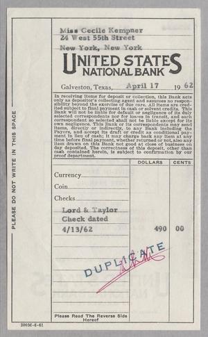 [Receipt from the United States National Bank to Cecile Kempner, April 17, 1962]