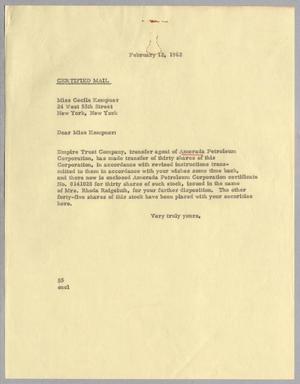 [Letter from Ray I. Mehan to Cecile B. Kempner, February 12, 1962]