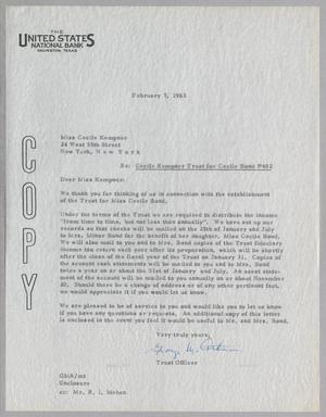 [Letter from United States National Bank to Cecile Kempner, February 7, 1963]