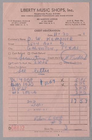 Primary view of object titled '[Invoice for Credit Balance Due to Liberty Music Shops, Inc., November 1951]'.