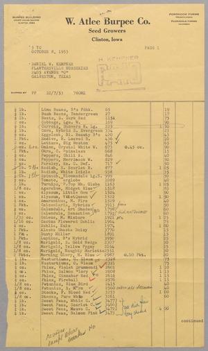 Primary view of object titled '[Invoice for Items from W. Atlee Burpee Co., October 8, 1953]'.