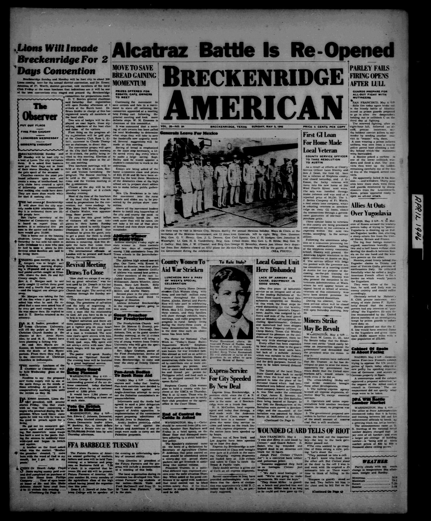 Breckenridge American (Breckenridge, Tex.), Vol. 26, No. 84, Ed. 1 Sunday, May 5, 1946
                                                
                                                    [Sequence #]: 1 of 4
                                                