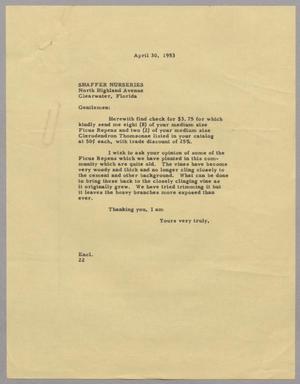 [Letter from D. W. Kempner to Shaffer Nurseries, April 30, 1953]