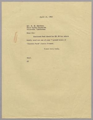 Primary view of object titled '[Letter from D. W. Kempner to R. B. Hawkins, April 14, 1953]'.