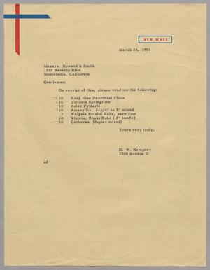 Primary view of object titled '[Letter from D. W. Kempner to Howard & Smith, March 24, 1953]'.