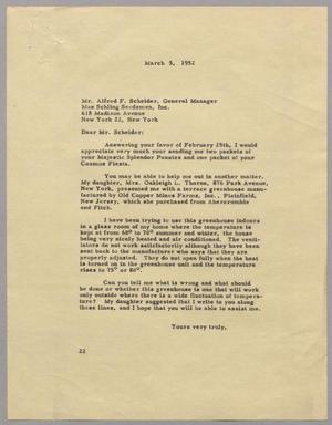 Primary view of object titled '[Letter from D. W. Kempner to Alfred F. Scheider of Max Schling Seedsmen, Inc., March 5, 1952]'.