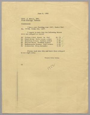 [Letter from D. W. Kempner to George J. Ball, Inc., June 3, 1952]