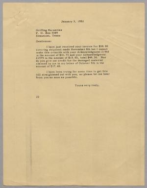 [Letter from D. W. Kempner to Griffing Nurseries, January 3, 1952]