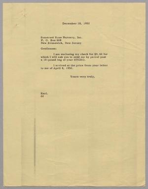 [Letter from D. W. Kempner to Somerset Rose Nursery, December 18, 1952]