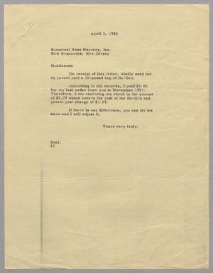 [Letter from D. W. Kempner to Somerset Rose Nursery, Inc., April 3, 1952]