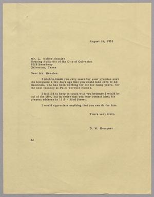 [Letter from D. W. Kempner to L. Walter Henslee, August 18, 1953]