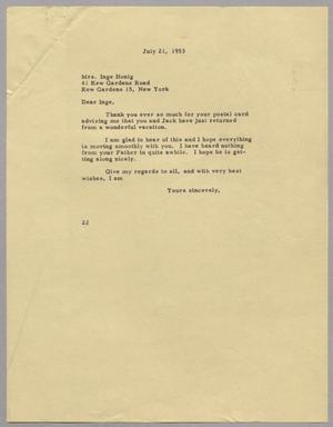 [Letter from D. W. Kempner to Inge Honig, July 21, 1953]