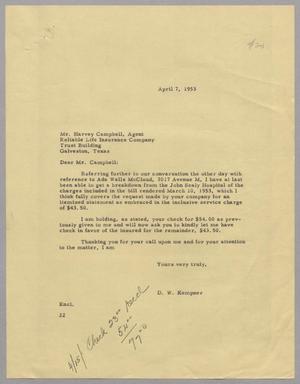 [Letter from D. W. Kempner to Harvey Campbell, April 7, 1953]