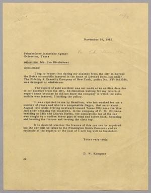 [Letter from Daniel W. Kempner to the Seinsheimer Insurance Agency, November 18, 1952]
