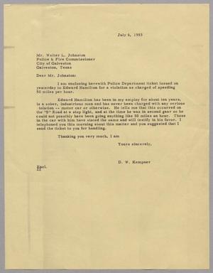 [Letter from D. W. Kempner to Walter L. Johnston, July 6, 1953]