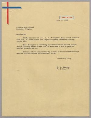 [Letter from D. W. Kempner to Patrick Henry Hotel, July 31, 1953]