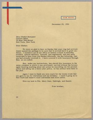 [Letter from D. W. Kempner to Gladys Kempner, December 29, 1953]