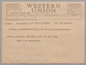 [Telegram from Robert Lee Kempner to Mrs. D. W. Kempner, September 25, 1953]