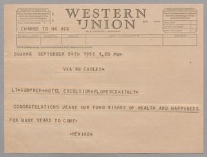 [Telegram from I. H. Kempner to Mrs. D. W. Kempner, September 24, 1953]