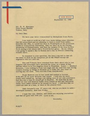 [Letter from R. Lee Kempner to Daniel W. Kempner, September 12, 1953]