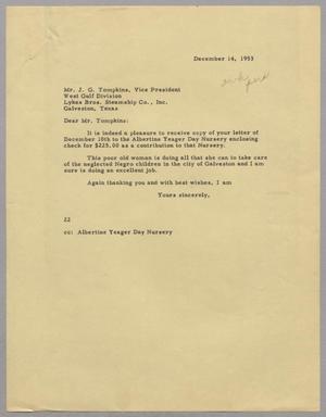 [Letter from D. W. Kempner to J. G. Tompkins, December 14, 1953]
