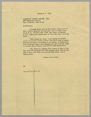 [Letter from D. W. Kempner to Liberty Music Shops, Inc., January 5, 1953]